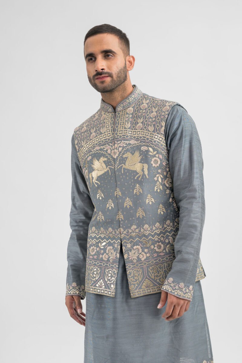 Grey Applique Work Kurta Set