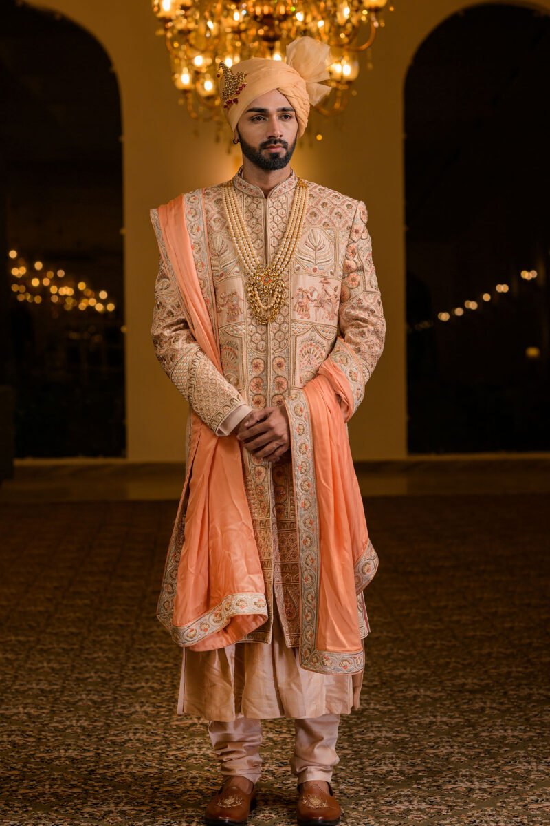 Peach Color Embroiderd Sherwani