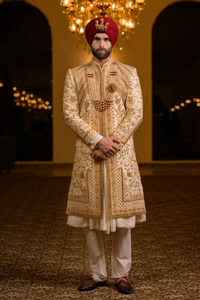 Ivory Sherwani With Gold Embroidery Set