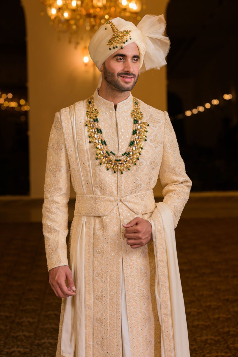 Ivory Embroidered Silk Sherwani Set