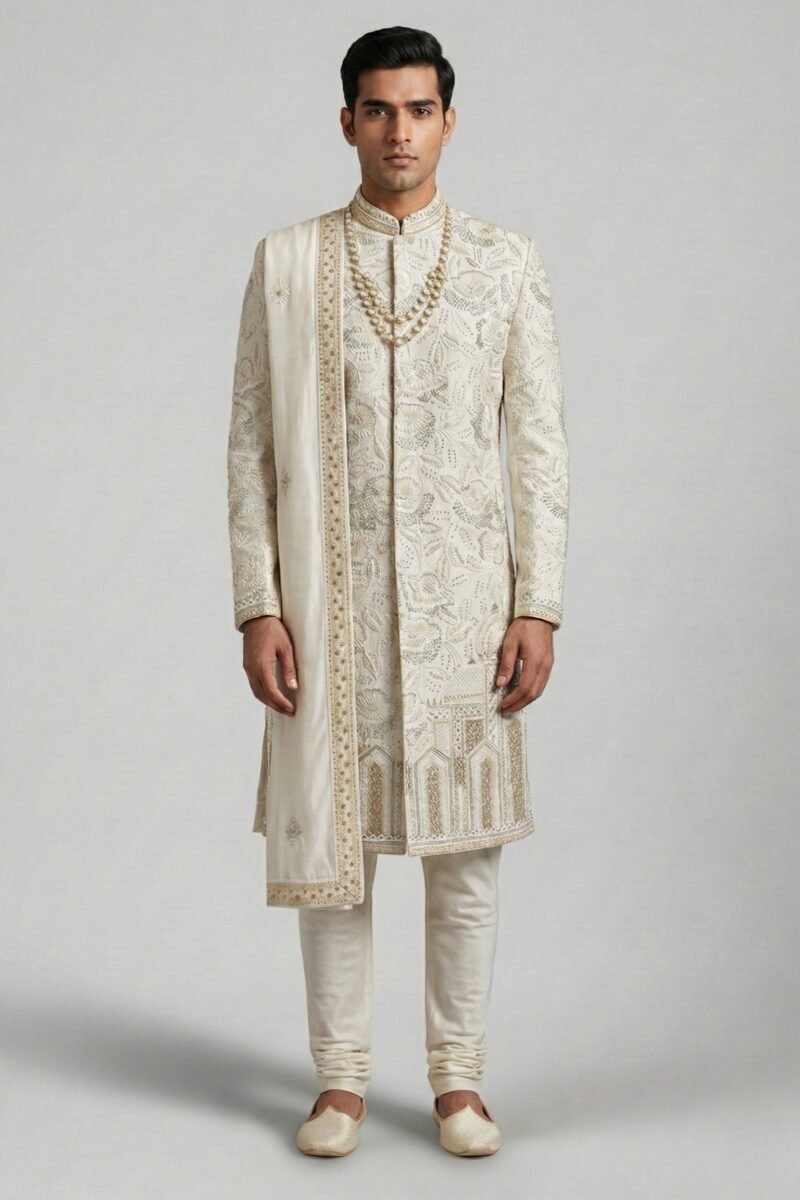 Ivory Raw Silk Sherwani with Peacock & Floral Thread Work