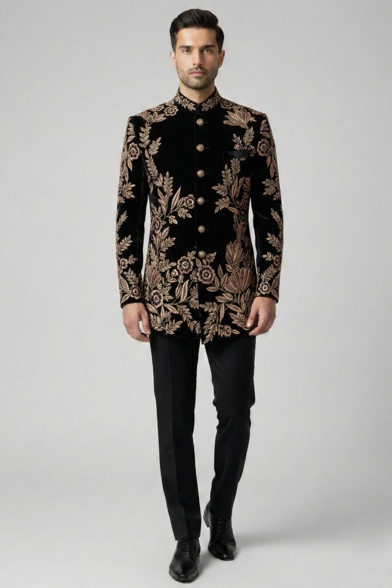 Black Raw-Silk Indo-Western