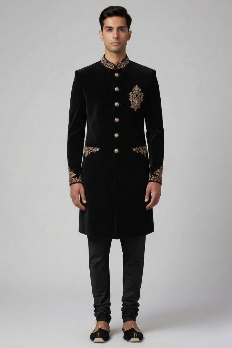 Black Cotton Velvet Applique Work Sherwani Set