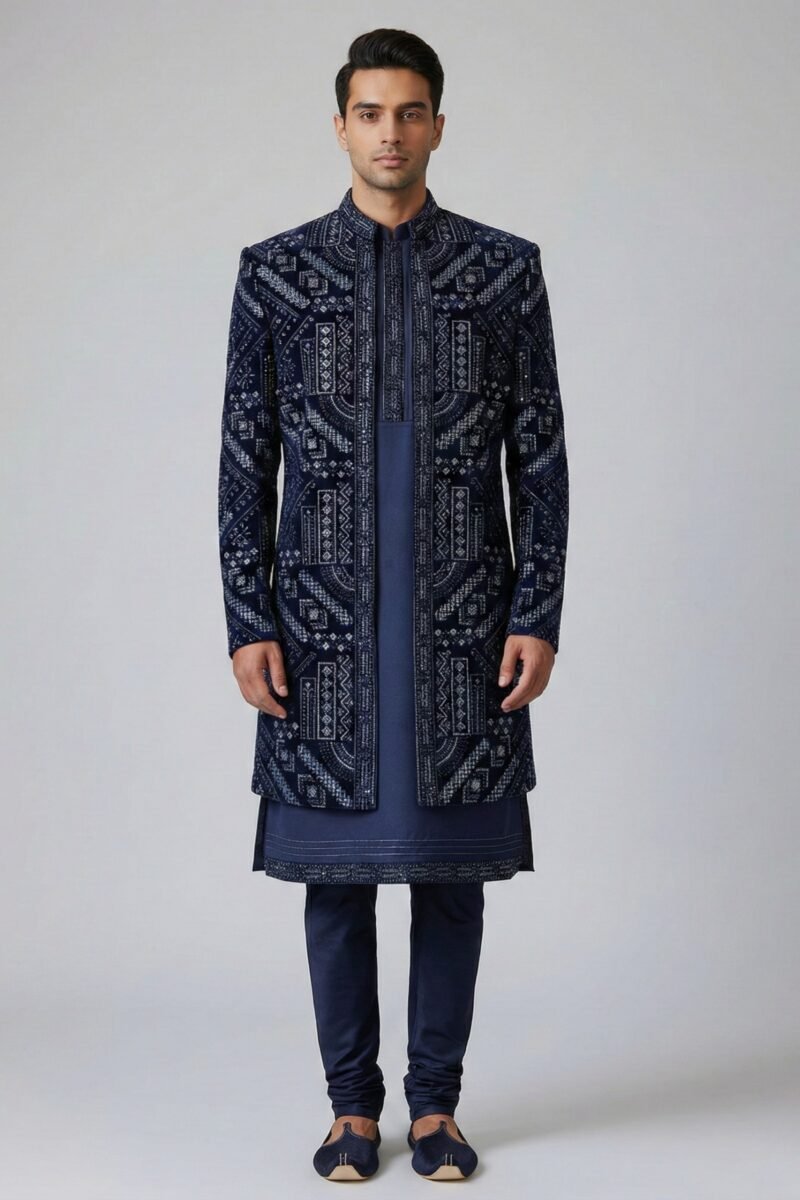 NAVY BLUE VELVET SHRUG INDO WESTERN