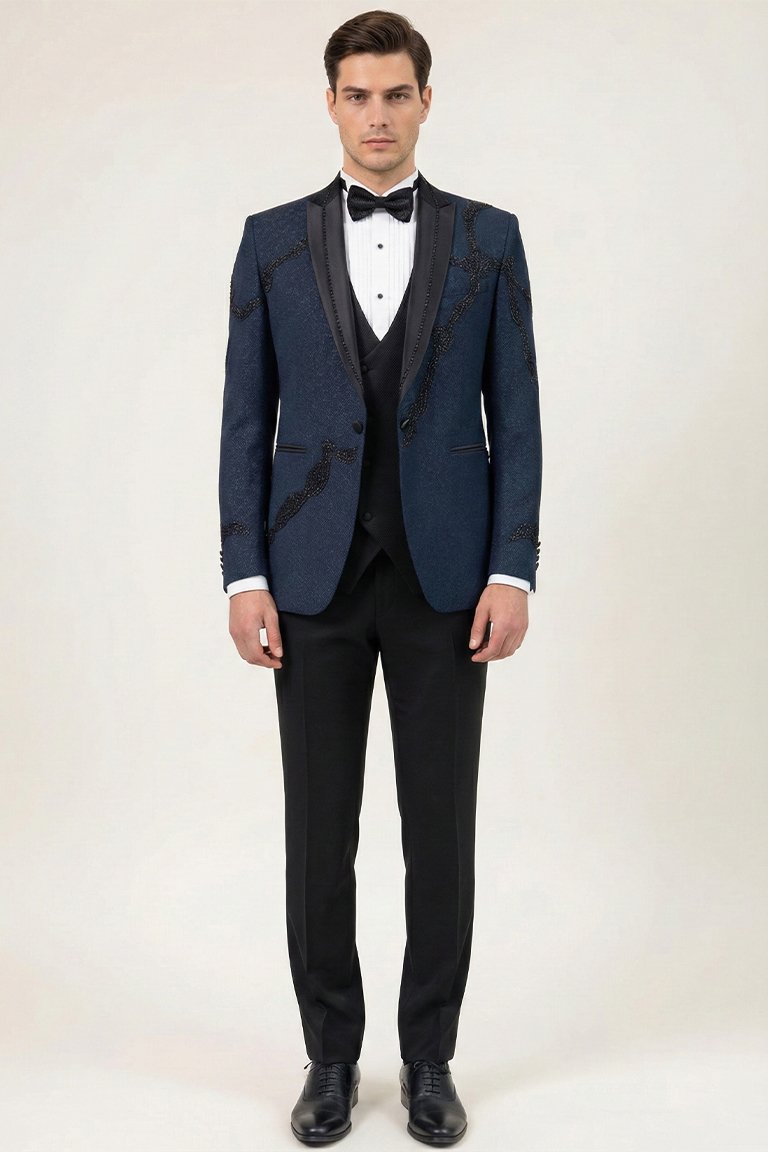 Dark Blue Poly Viscose Tuxedo Set
