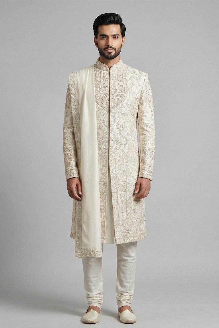 Peach Buta Patterned Open Sherwani Set