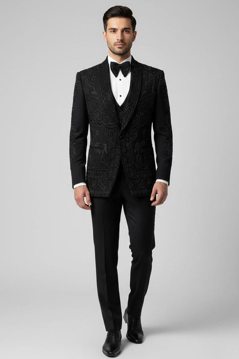 Black Knit Swarovski Embroidered Tuxedo Set