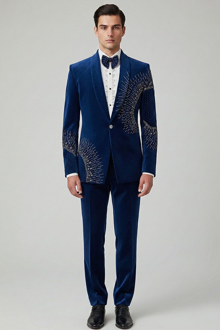 Navy Velvet Thread Work Tuxedo Set