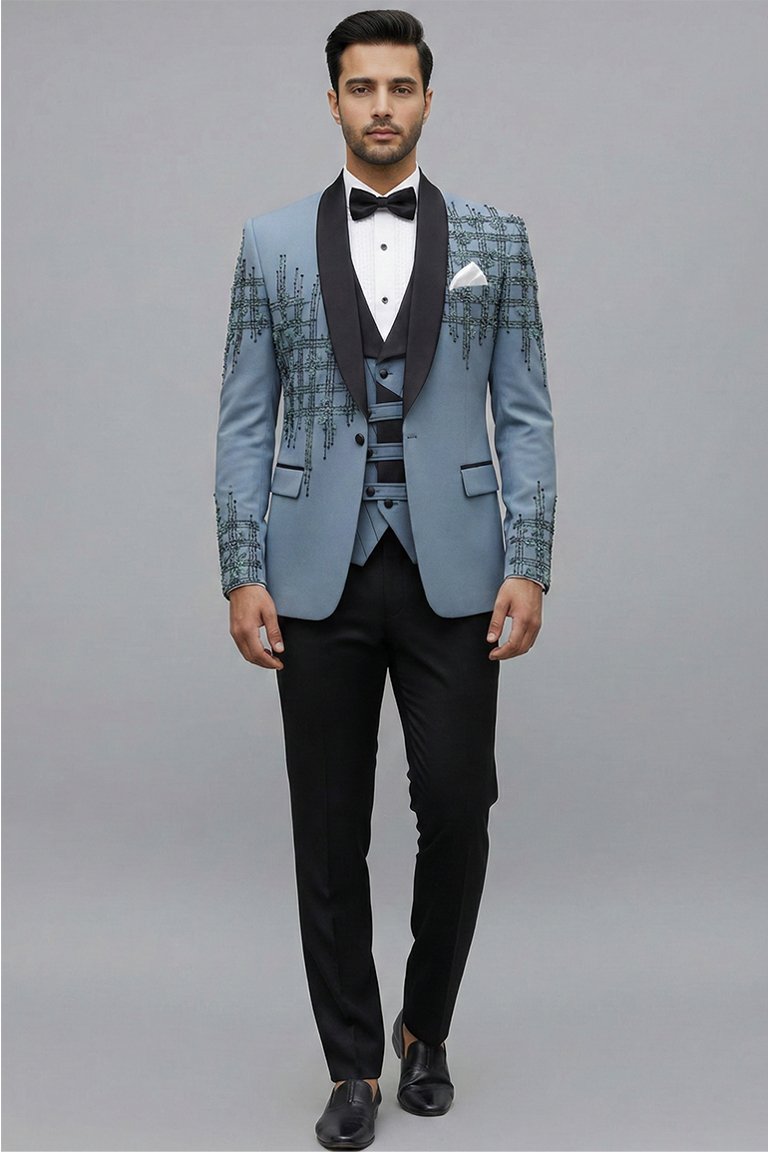Blue Embellished Tuxedo Suit in Italian Fabric